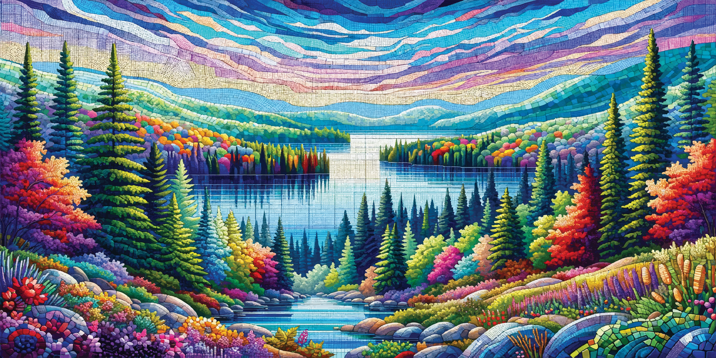 Digital mosaic artwork of a vibrant, autumnal landscape featuring Algonquin Provincial Park, with a central lake reflecting a dynamic, multicoloured sky, surrounded by a forest in rich fall colours.