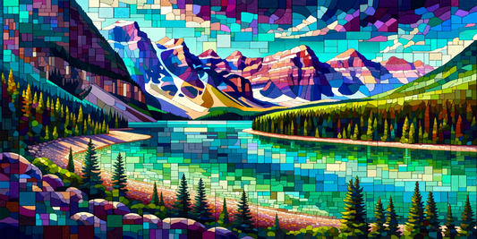 Digital mosaic artwork depicting the mountainous landscape of Banff National Park with vividly coloured tiles reflecting in the calm waters of a lake, surrounded by dense evergreen forests.