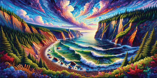 A vivid digital mosaic artwork capturing the striking cliffs and lush forests of Blomidon Provincial Park, with a swirling sky above and a road winding through the colourful landscape.