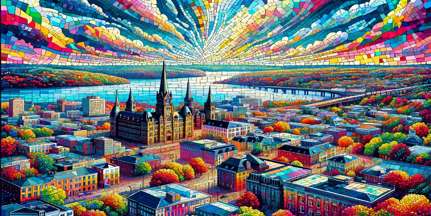 "Autumn in the City: Fredericton, New Brunswick" by Maple Mosaic Designs depicts artwork of  Fredericton's vibrant fall colors, historic buildings, and a colourful, mosaic-inspired sky.