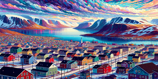 "Arctic Awakening: Iqaluit, Nunavut" by Maple Mosaic Designs depicts colourful artwork of Iqaluit buildings against snow-capped mountains and a vibrant, geometric-patterned sky, celebrating the essence of Canadian Arctic life.